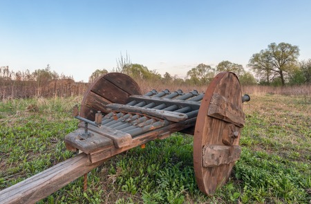 Vintage multi barrelled cannon - ribaudequin. Rear view of the open countrysideの写真素材