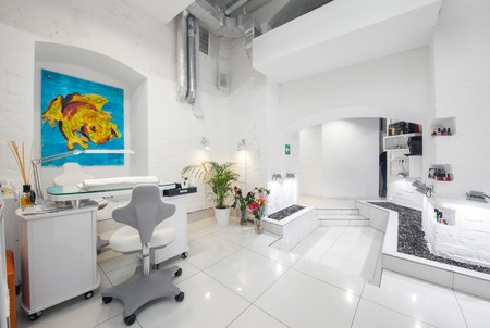MOSCOW - APRIL 2015. The interior of the beauty salon "MAGIC STYLE". Hall with a table for manicureのeditorial素材