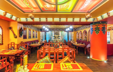 MOSCOW - AUGUST 2014: The interior of the restaurant Indian and Tibetan cuisine and is decorated in ethnic styleのeditorial素材