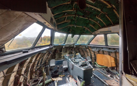The destroyed cabin of the aircraft with view of the autumn forest from the windows. View insideの写真素材