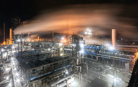 Chemical plant for production of ammonia and nitrogen fertilization on night time. View from aboveの写真素材
