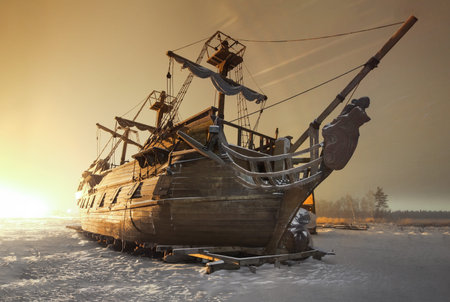 Vintage wooden sailing ship night on the snow in the field