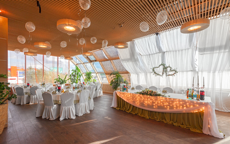 MOSCOW - AUGUST 2014: Interior of a luxury disco bar restaurant with a banquet hall and cafeteria - "BrownBar". Banquet room prepared and decorated for the weddingのeditorial素材