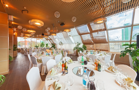 MOSCOW - AUGUST 2014: Interior of a luxury disco bar restaurant with a banquet hall and cafeteria - "BrownBar". Banquet room prepared and decorated for the weddingのeditorial素材