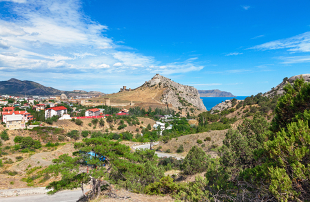 View of the resort town of Sudak on the coast of the Black sea from Genoese fortress on the mountain Cenevez Qayaの写真素材