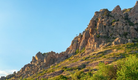 The unusual cluster of rocks formed under the influence of wind and rain, at dawn. Ghost valley Crimea.の写真素材