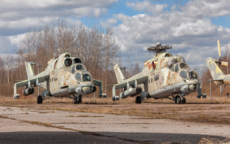 Abandoned broken Russian attack helicopterの写真素材