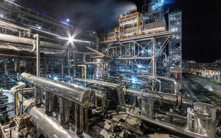 Chemical plant for production of ammonia and nitrogen fertilization on night time.の写真素材