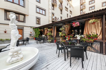 MOSCOW - JULY 2013: The interior of a summer terrace beer restaurant PivCo. Modern interios Russian pubのeditorial素材
