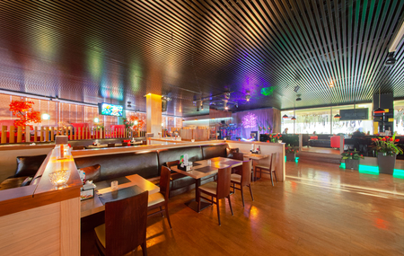 MOSCOW - SEPTEMBER 2014: The design of the stylish and modern interior of the Japanese restaurant "Tokyo Bay"のeditorial素材