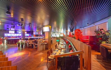 MOSCOW - SEPTEMBER 2014: The design of the stylish and modern interior of the Japanese restaurant "Tokyo Bay"のeditorial素材