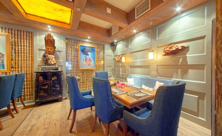 MOSCOW - SEPTEMBER 2014: The interior of a respectable restaurant of Pan-Asian cuisine - FUJIKO. The restaurant is decorated in a colonial styleのeditorial素材