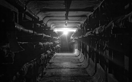 Underground concrete utility tunnel network of water pipeline with light at the end. Black and white