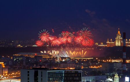 Fireworks over the city center at night. Moscow, Russia view from a heightの写真素材