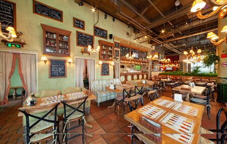 MOSCOW - OCTOBER 2014: The interior of the trendy restaurant "Oki Doki". Italian style roomのeditorial素材
