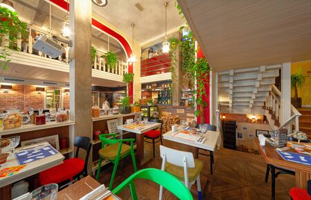MOSCOW - OCTOBER 2014: The interior of the restaurant of Eastern European cuisine "Spices & Joy". General view of the restaurantのeditorial素材