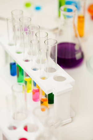the laboratory test tubes with colorful liquid