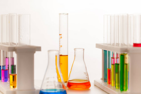 the laboratory test tubes with colorful liquidの写真素材