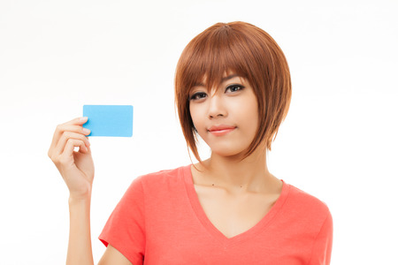 Blank card, people holding card that can be replace with everything you want, namecard sign etc... shoot on isolated white backgroundの写真素材