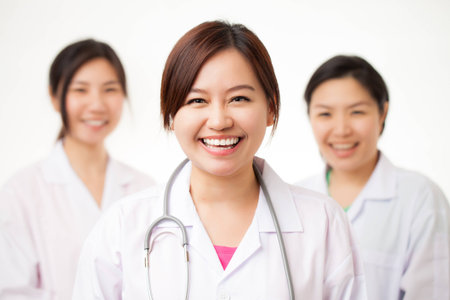 Asian female doctor shooting on white backgroundの写真素材