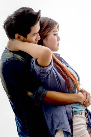 happy young couple shooting in studioの写真素材