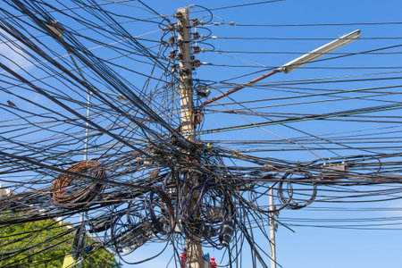 electric pole with messy wire that look dangerous