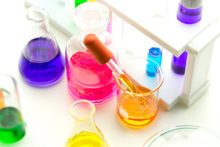the laboratory test tubes with colorful liquidの写真素材