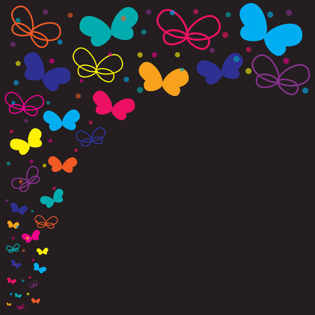 colorful neon butterflies and polka dots on dark backgroundのイラスト素材