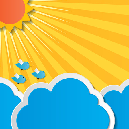 paper cloud sun and birds background のイラスト素材