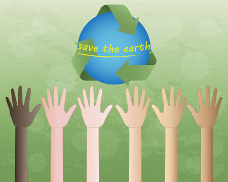 raising hands to the world in recycle symbol on green background のイラスト素材