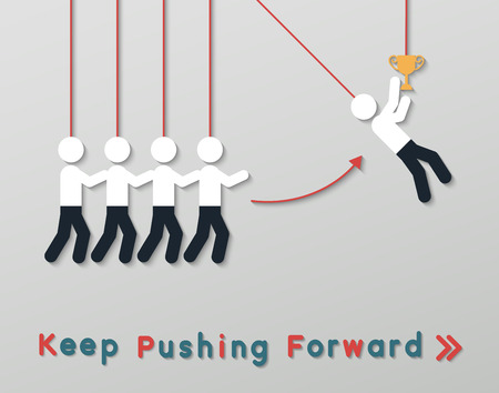 paper idea positive thinking businessmen keep pushing others forward to get a trophy. teamwork business concept in modern flat style.のイラスト素材