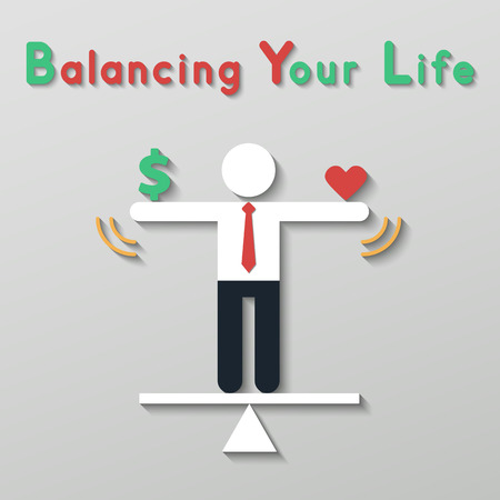 businessman balancing money dollar sign and red heart. idea balance your life business concept in modern flat style.のイラスト素材