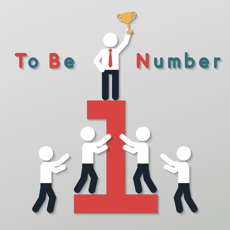 best idea businessman holding a trophy standing on number one stand. idea leadership business plan concept in modern flat style.のイラスト素材