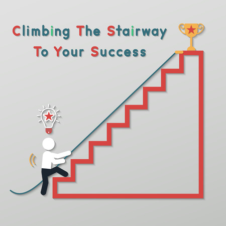 businessman climbing the stairway to get a thophy. idea leadership business plan concept in modern flat style.のイラスト素材