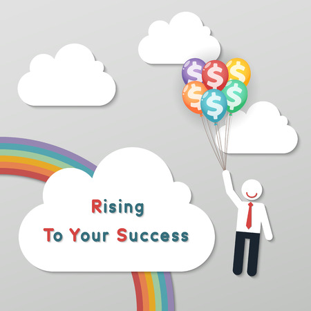 businessman holding bunch of money dollar sign balloons on rainbow sky backgroud. idea leadership business plan concept in modern flat style.のイラスト素材
