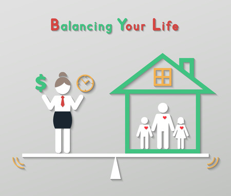 business woman holding money dollar sign and time balancing with family at home. idea balance your life business concept in modern flat style.のイラスト素材