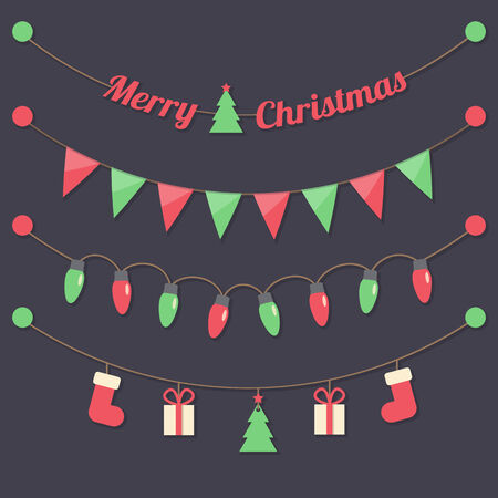fairy party christmas light bulbs, christmas tree, gift boxes, sock, red and green flags hanging on dark background.のイラスト素材