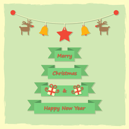 green ribbons christmas tree, gift boxes, christmas bells and reindeers hanging light vintage background.のイラスト素材