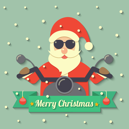 Santa Claus wearing sunglasses and riding motorcycle within Merry Christmas ribbon badge on snow background.のイラスト素材