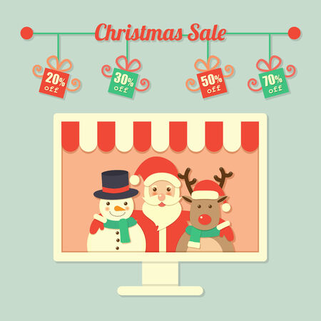 Santa Claus, reindeer and snowman within computer screen and Christmas sale sign.のイラスト素材