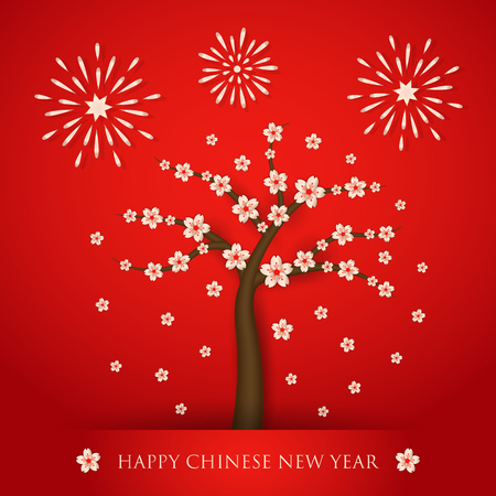 Chinese new year with cherry blossom tree and fireworks on red backgroundのイラスト素材