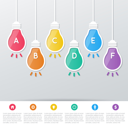 six paper light bulb signs hanging on the wall. infographics templates.のイラスト素材