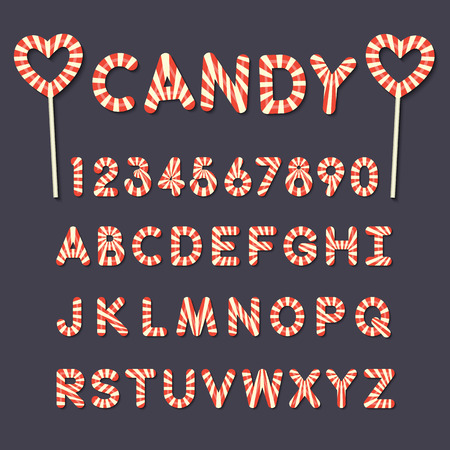 alphabet letters and numbers in red and white swirl  candy lollipop style.のイラスト素材