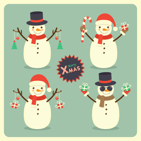 set of four snowmen greeting Christmas holidayのイラスト素材