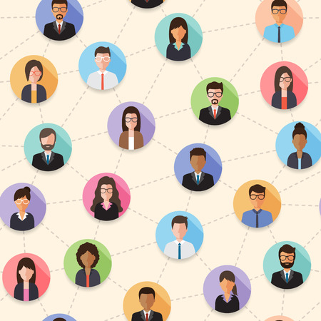 Connected businessman and businesswoman via social network seamless pattern. Flat design people characters.のイラスト素材