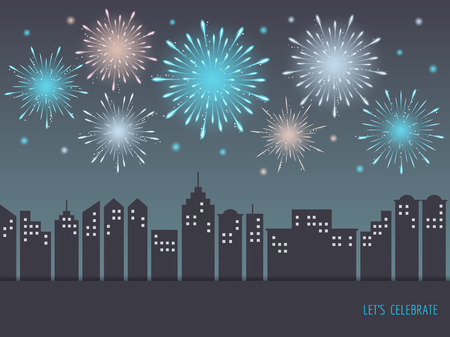 Exploding colorful fireworks display on night sky over cityscape, buildings. Fireworks for carnival, celebration, anniversary, new year and holiday party design.のイラスト素材