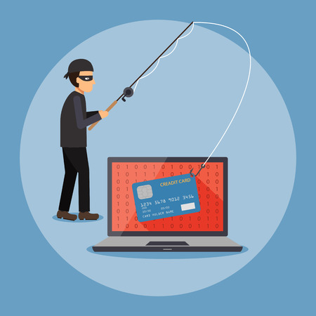 Cyber thief, hacker, holding fishing rod phishing the credit card on computer laptop, Cyber security and crime concept. Vector illustration of flat design.のイラスト素材