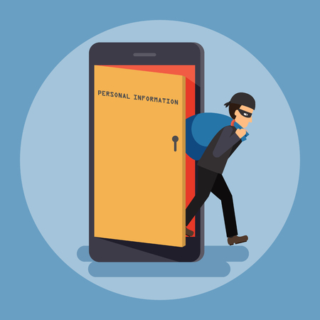 Cyber thief, hacker, get out of the door with a bag of personal information on smartphone. Cyber security and crime concept. Vector illustration of flat design.のイラスト素材