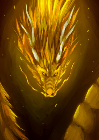 illustration digital painting golden dragonの写真素材