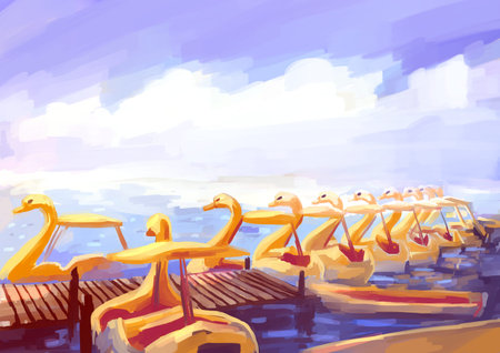 illustration digital painting swan boatの写真素材